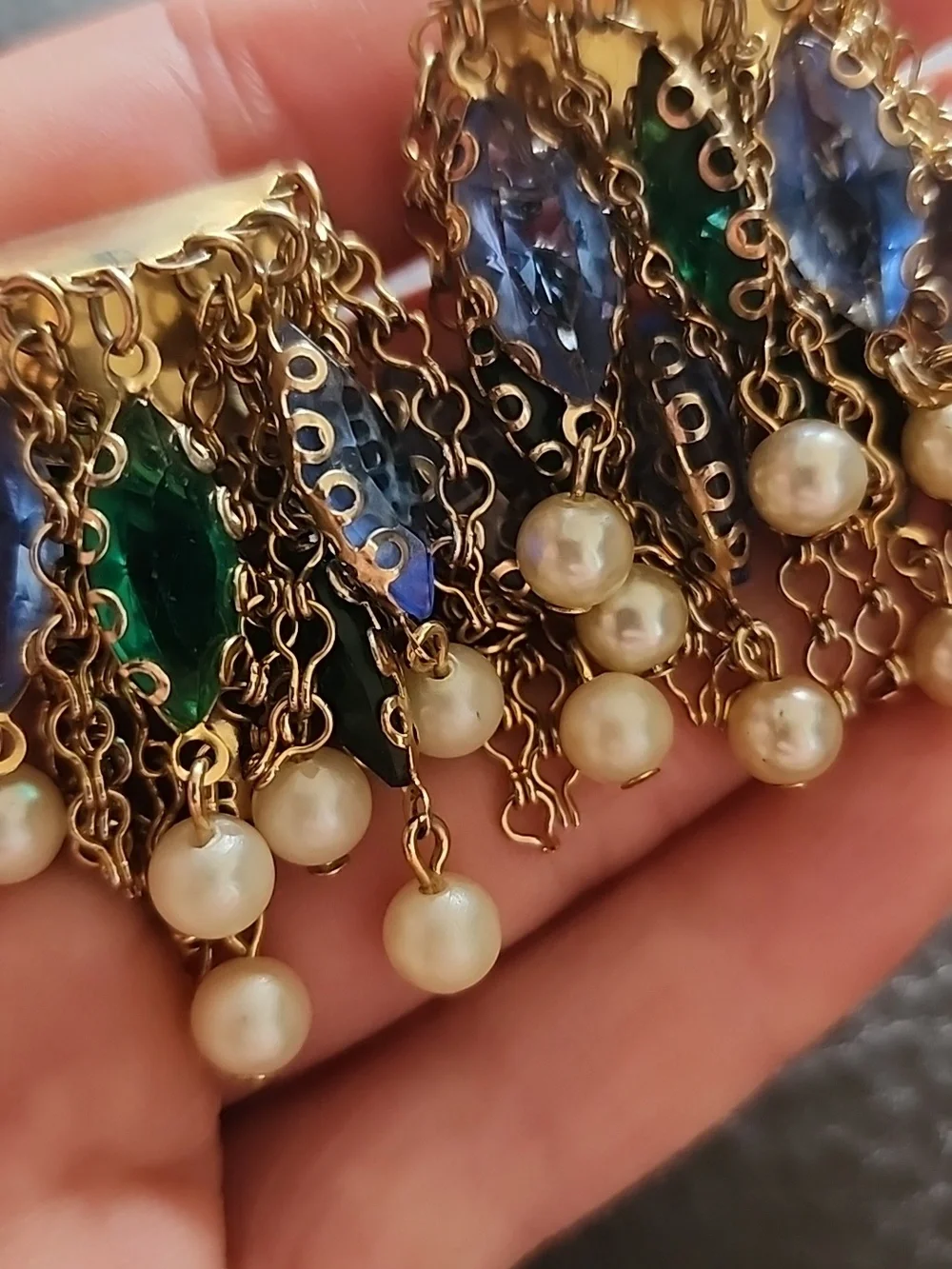 VTG Gold-Tone Pearl Clip Earrings with Blue and Green Crystal Accents - Picture 4 of 9